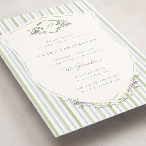 This is a bluebell baby shower invitations with standard by Corinne Malesic called vintage whimsy printing on signature in standard