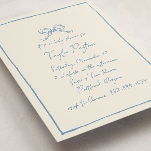 This is a dusty blue baby shower invitations with standard by Cass Loh called ribbon bow drawing printing on signature in standard