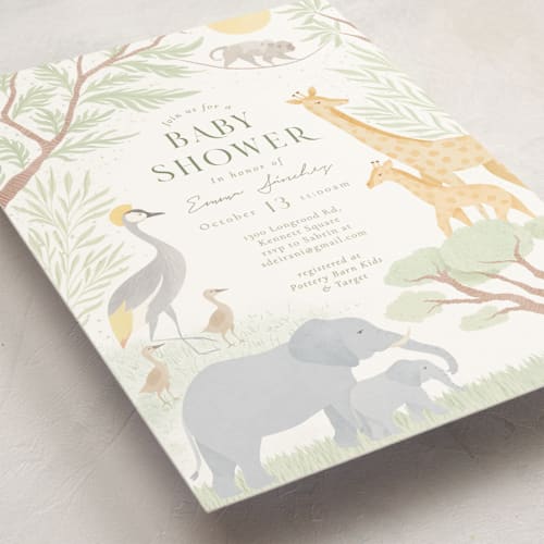 This is a sage baby shower invitations with standard by Sabrin Deirani called lovely jungle printing on signature in standard