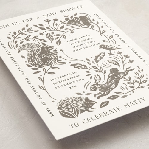 This is a clay baby shower invitations with standard by Sarah Knight called lino woodland printing on signature in standard