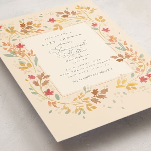 This is a cream baby shower invitations with standard by Robert and Stella called fall frame printing on signature in standard