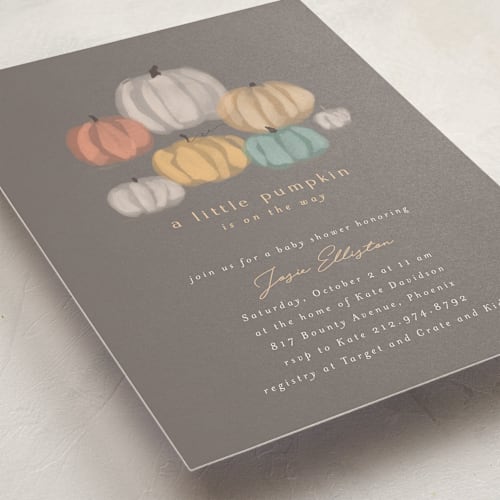 This is a moon baby shower invitations with standard by Rebecca Durflinger called autumn pumpkins printing on signature in standard