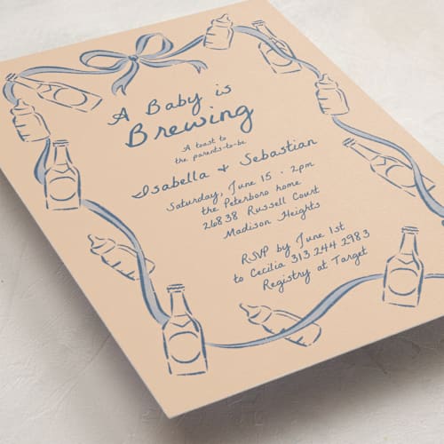 This is a periwinkle baby shower invitations with standard by Jamie Alexander called bottles and brews printing on signature in standard