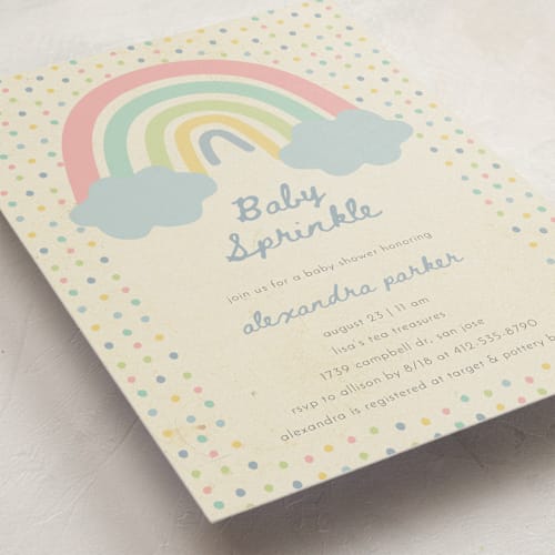 This is a sweet mint baby shower invitations with standard by Ilene Guy called rainbow sprinkles printing on signature in standard