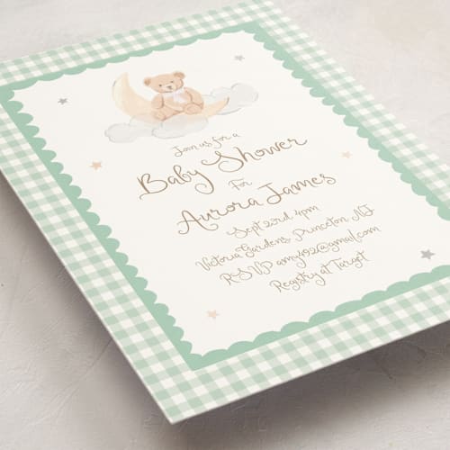 This is a forest baby shower invitations with standard by Teju Reval called dreamy bear printing on signature in standard