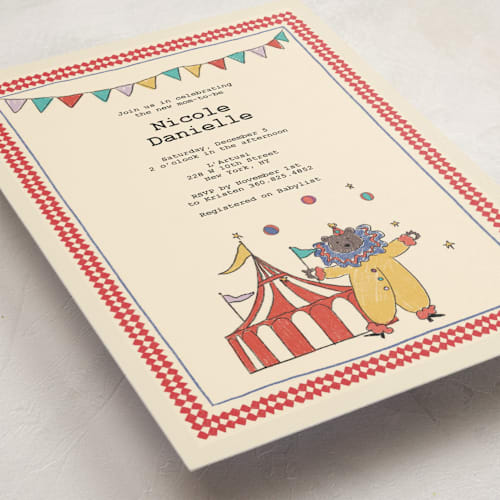 This is a crimson baby shower invitations with standard by Noun New York called illustrated circus theme with juggling bear printing on signature in standard