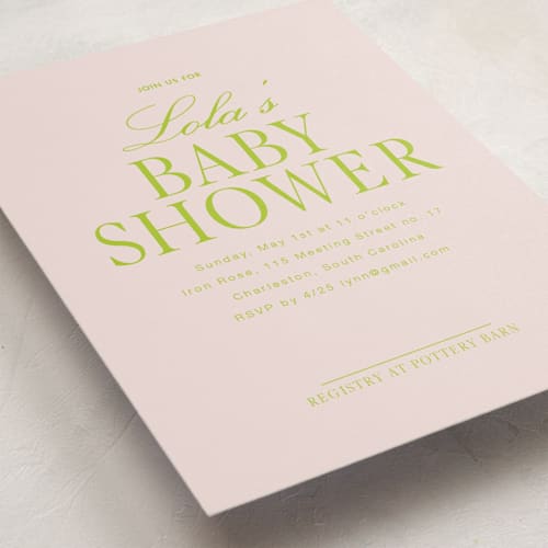 This is a blush baby shower invitations with standard by Baumbirdy called lola printing on signature in standard