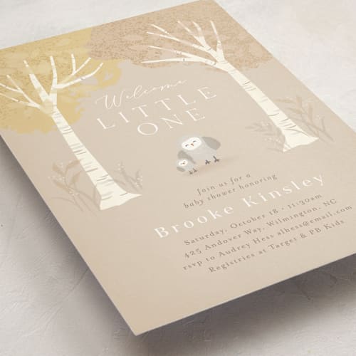 This is a almond baby shower invitations with standard by Jennifer Wick called little owlet printing on signature in standard