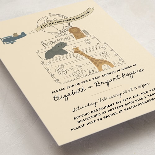 This is a butter baby shower invitations with standard by Jenna Holcomb called little explorer printing on signature in standard