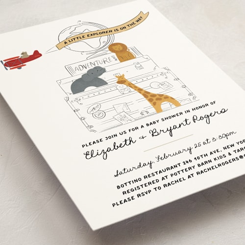 This is a firetruck baby shower invitations with standard by Jenna Holcomb called little explorer printing on signature in standard