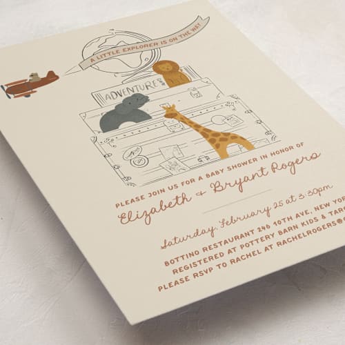 This is a copper baby shower invitations with standard by Jenna Holcomb called little explorer printing on signature in standard