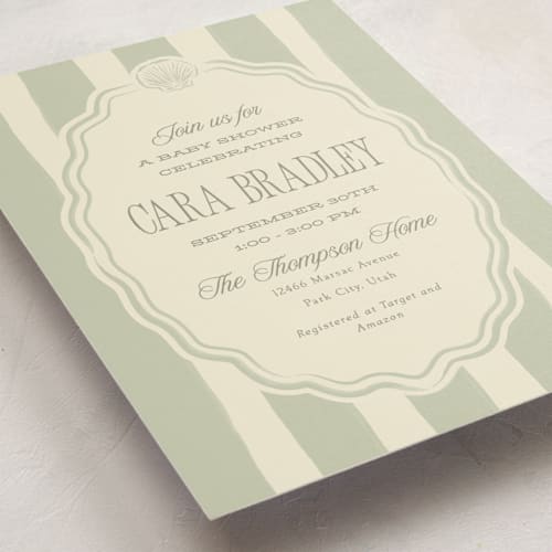 This is a sage baby shower invitations with standard by Robert and Stella called beach babe printing on signature in standard