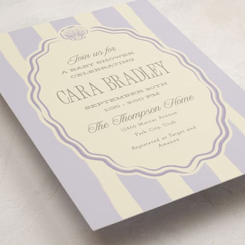 This is a lavender baby shower invitations with standard by Robert and Stella called beach babe printing on signature in standard