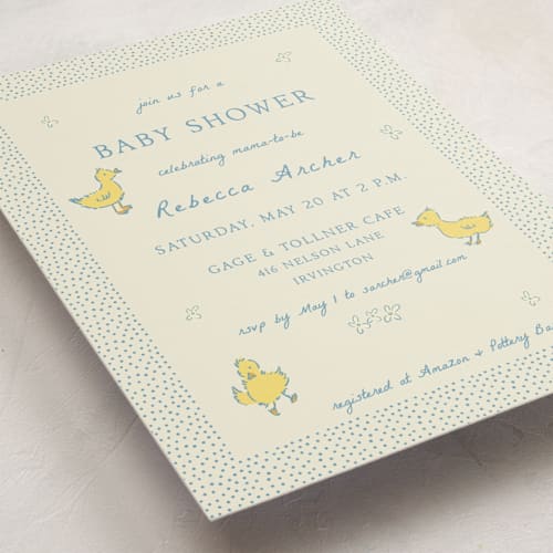 This is a robin’s egg baby shower invitations with standard by Sarah Rosenthal called sweet peeps printing on signature in standard