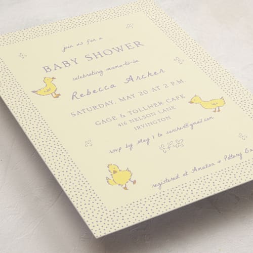 This is a violet baby shower invitations with standard by Sarah Rosenthal called sweet peeps printing on signature in standard