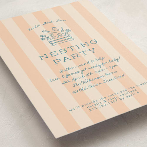 This is a peachy baby shower invitations with standard by Leia Matt called nesting toolbox printing on signature in standard