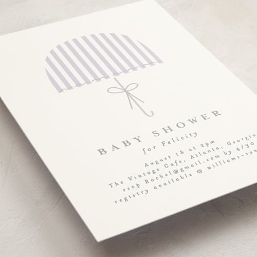 This is a lilac baby shower invitations with standard by Angela Thompson called bow brolly printing on signature in standard