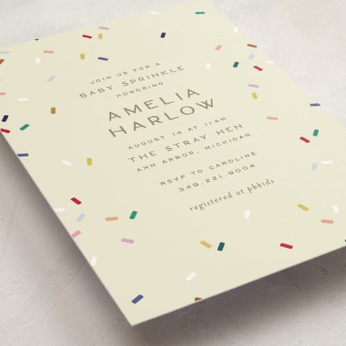 This is a cream baby shower invitations with standard by Ellen Schlegelmilch called tiny bold sprinkles printing on signature in standard
