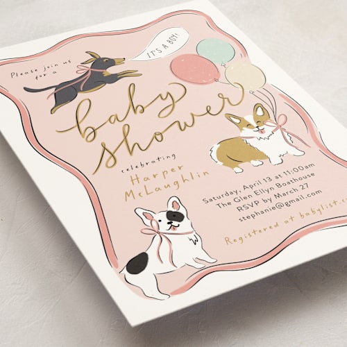 This is a cuddle baby shower invitations with standard by Erin German called party puppies printing on signature in standard