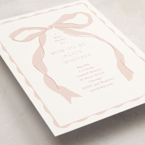 This is a blush baby shower invitations with standard by Baumbirdy called framed bow printing on signature in standard