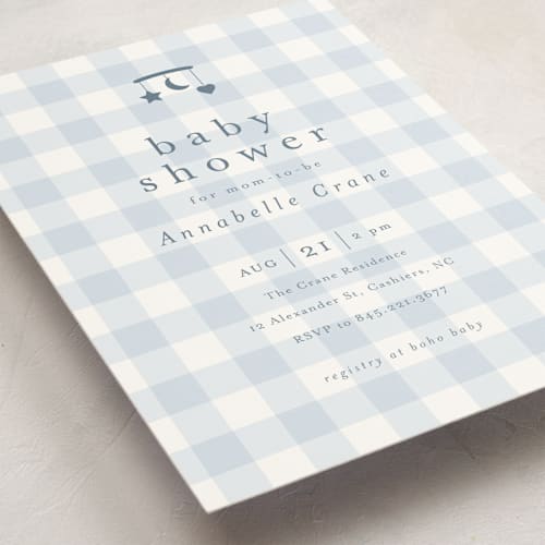 This is a baby blue baby shower invitations with standard by Stacey Meacham called gingham mobile printing on signature in standard