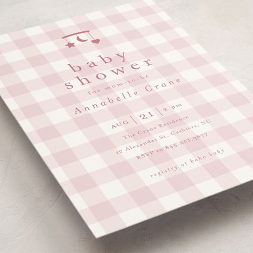 This is a petal baby shower invitations with standard by Stacey Meacham called gingham mobile printing on signature in standard