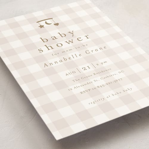 This is a taupe baby shower invitations with standard by Stacey Meacham called gingham mobile printing on signature in standard