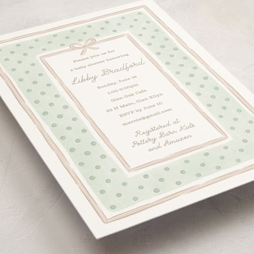 This is a honeydew baby shower invitations with standard by Erin German called polka dot frame printing on signature in standard