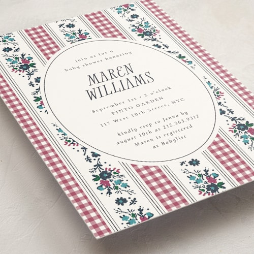 This is a raspberry baby shower invitations with standard by Emily Sabol Goss called pattern mix printing on signature in standard