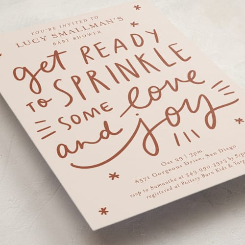 This is a cinnamon baby shower invitations with standard by Abbigail Lim called sprinkle love and joy printing on signature in standard