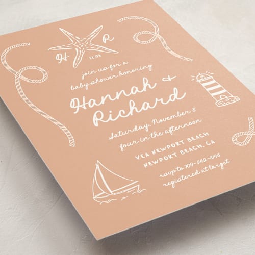 This is a peach baby shower invitations with standard by Claudia Orengo called nautical celebration printing on signature in standard