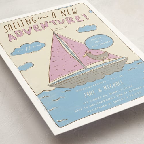 This is a lavender bay baby shower invitations with standard by Vera Lim called sail ahoy printing on signature in standard