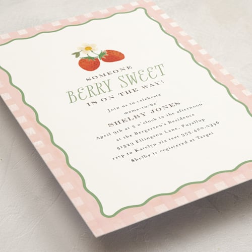 This is a blush baby shower invitations with standard by Itsy Belle Studio called so berry sweet printing on signature in standard
