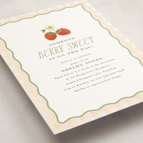 This is a cream baby shower invitations with standard by Itsy Belle Studio called so berry sweet printing on signature in standard