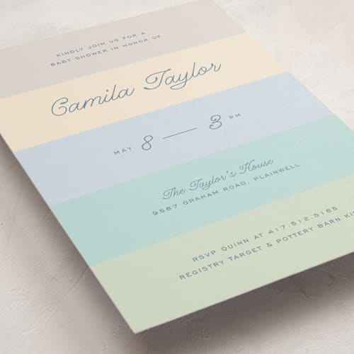 This is a pond baby shower invitations with standard by Pixel and Hank called striped printing on signature in standard