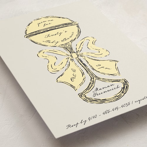 This is a honey baby shower invitations with standard by Gwen Bedat called antique rattle printing on signature in standard