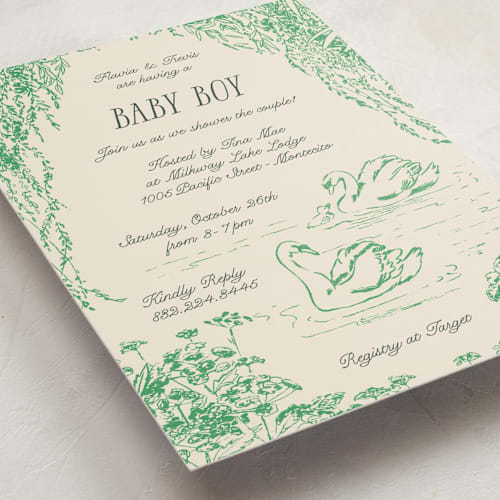 This is a forest baby shower invitations with standard by Pati Cascino called sweet swan printing on signature in standard