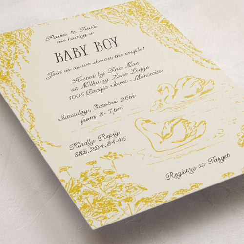 This is a mango baby shower invitations with standard by Pati Cascino called sweet swan printing on signature in standard