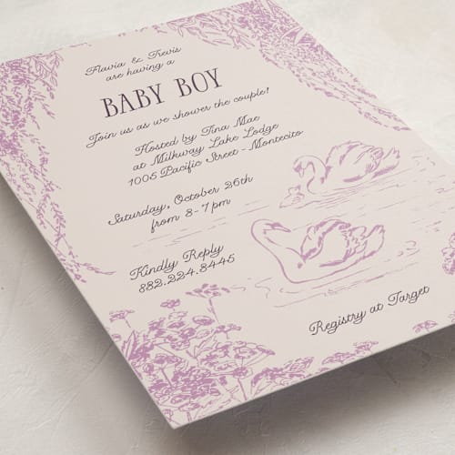 This is a lilac baby shower invitations with standard by Pati Cascino called sweet swan printing on signature in standard