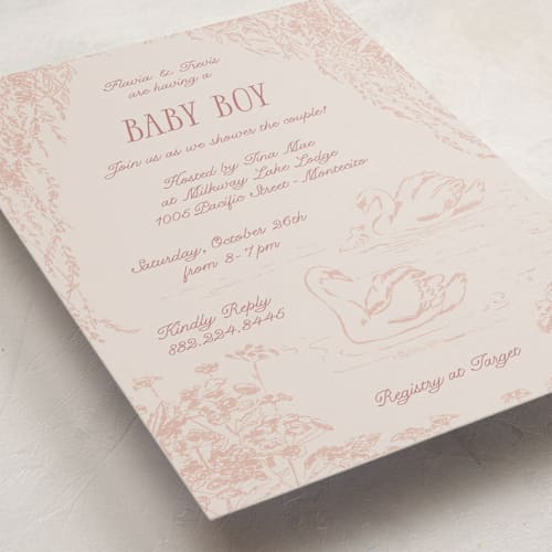 This is a blush baby shower invitations with standard by Pati Cascino called sweet swan printing on signature in standard