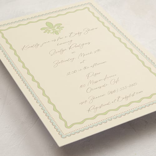 This is a teal baby shower invitations with standard by Tina Faselli called precious printing on signature in standard