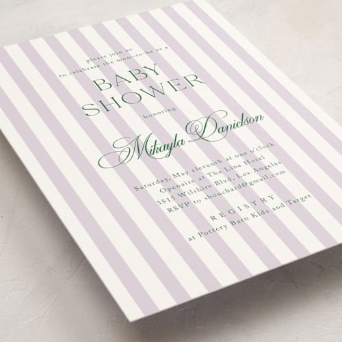 This is a lilac baby shower invitations with standard by Kelly Schmidt called resort printing on signature in standard