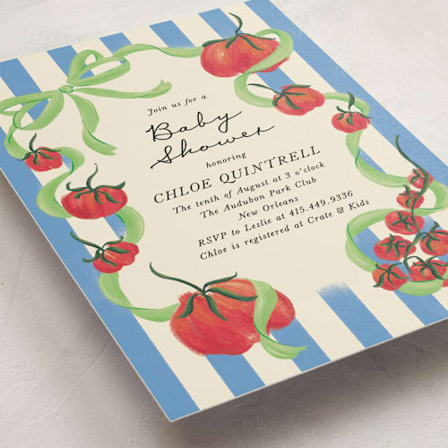 This is a lime baby shower invitations with standard by Jackie Crawford called petit pomodoro printing on signature in standard