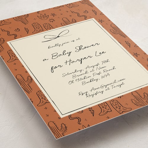 This is a rust baby shower invitations with standard by Ani Somi called el ranchero printing on signature in standard