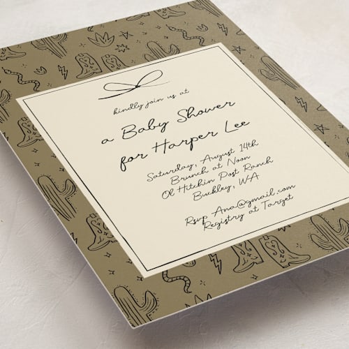 This is a moss baby shower invitations with standard by Ani Somi called el ranchero printing on signature in standard