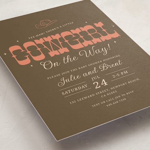 This is a mocha baby shower invitations with standard by Maggie Daugherty called cowgirl on the way! printing on signature in standard
