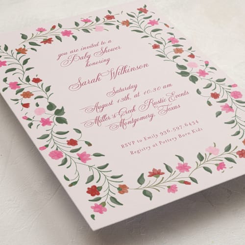 This is a spring baby shower invitations with standard by Deynaaz Daraei called rotan printing on signature in standard