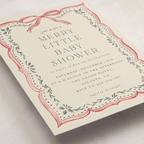 This is a eggnog baby shower invitations with standard by Chris Griffith called ribbon stripe holiday printing on signature in standard