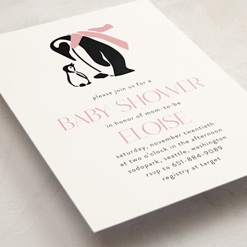 This is a petal baby shower invitations with standard by Lauren Jinhee called penguin print printing on signature in standard