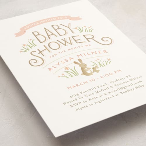 This is a blush baby shower invitations with standard by Jennifer Wick called springtime bunnies printing on signature in standard